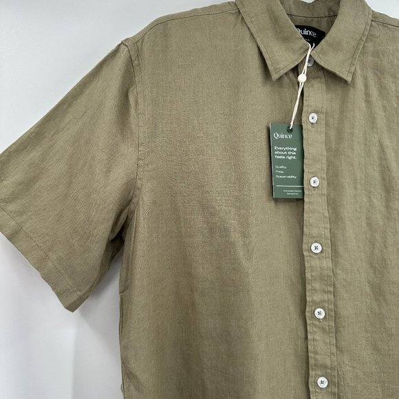 Quince Linen Short Sleeve Button Down Shirt Casual sz L Men's Washed Olive Green - Picture 2 of 4